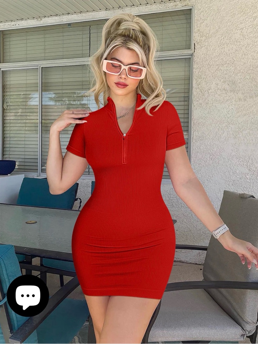 OQQ Red Ribbed Zip-Front Short Sleeve Bodycon Dress